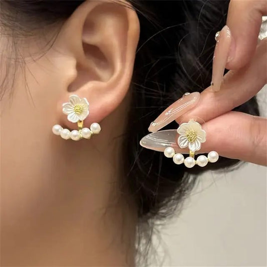Yu Fashions Sensation Party Pearl Bead Flower Stud Korean Earrings for Women