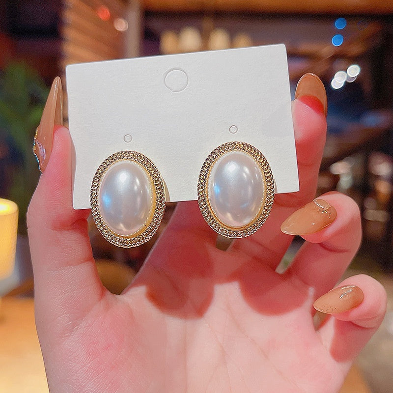 Yu Fashions Big Vintage Oval Shaped Pearl Korean Earrings Pair