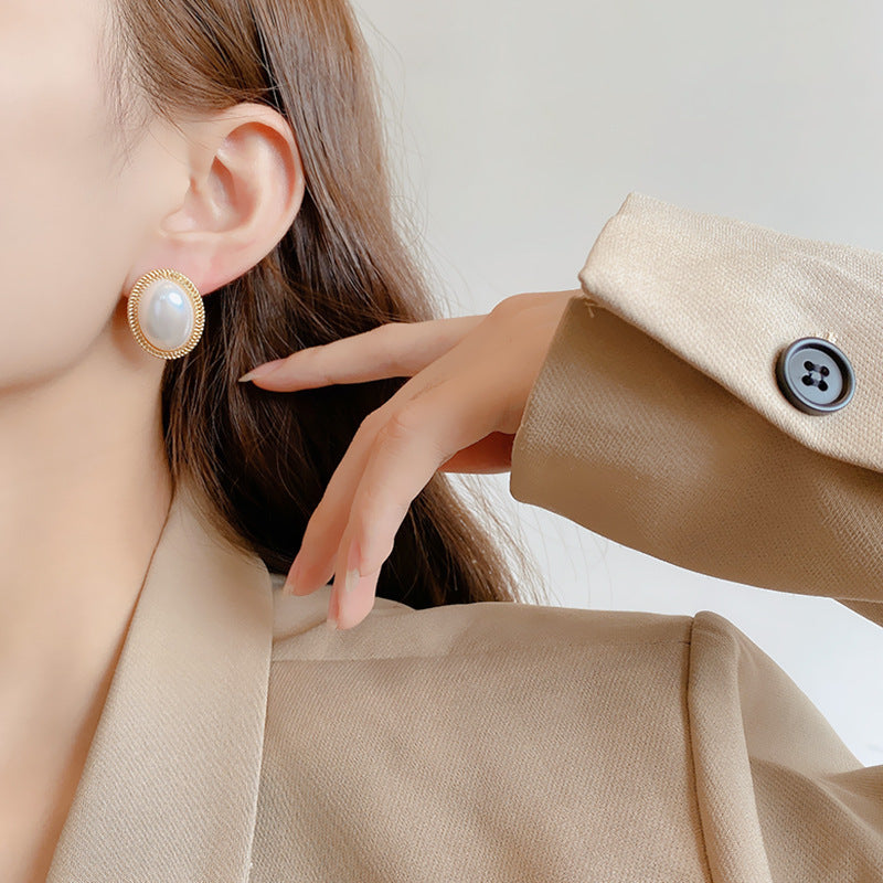 Yu Fashions Big Vintage Oval Shaped Pearl Korean Earrings Pair