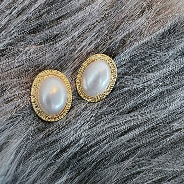 Yu Fashions Big Vintage Oval Shaped Pearl Korean Earrings Pair