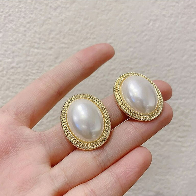 Yu Fashions Big Vintage Oval Shaped Pearl Korean Earrings Pair