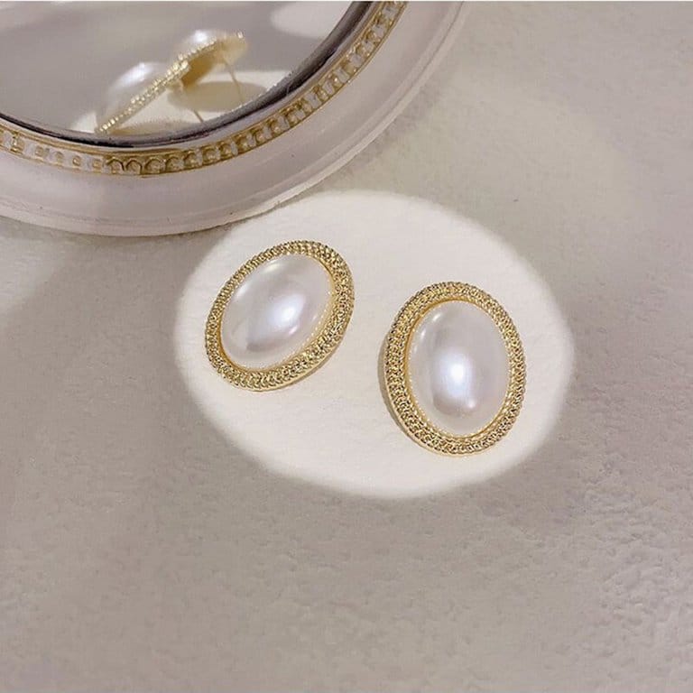 Yu Fashions Big Vintage Oval Shaped Pearl Korean Earrings Pair