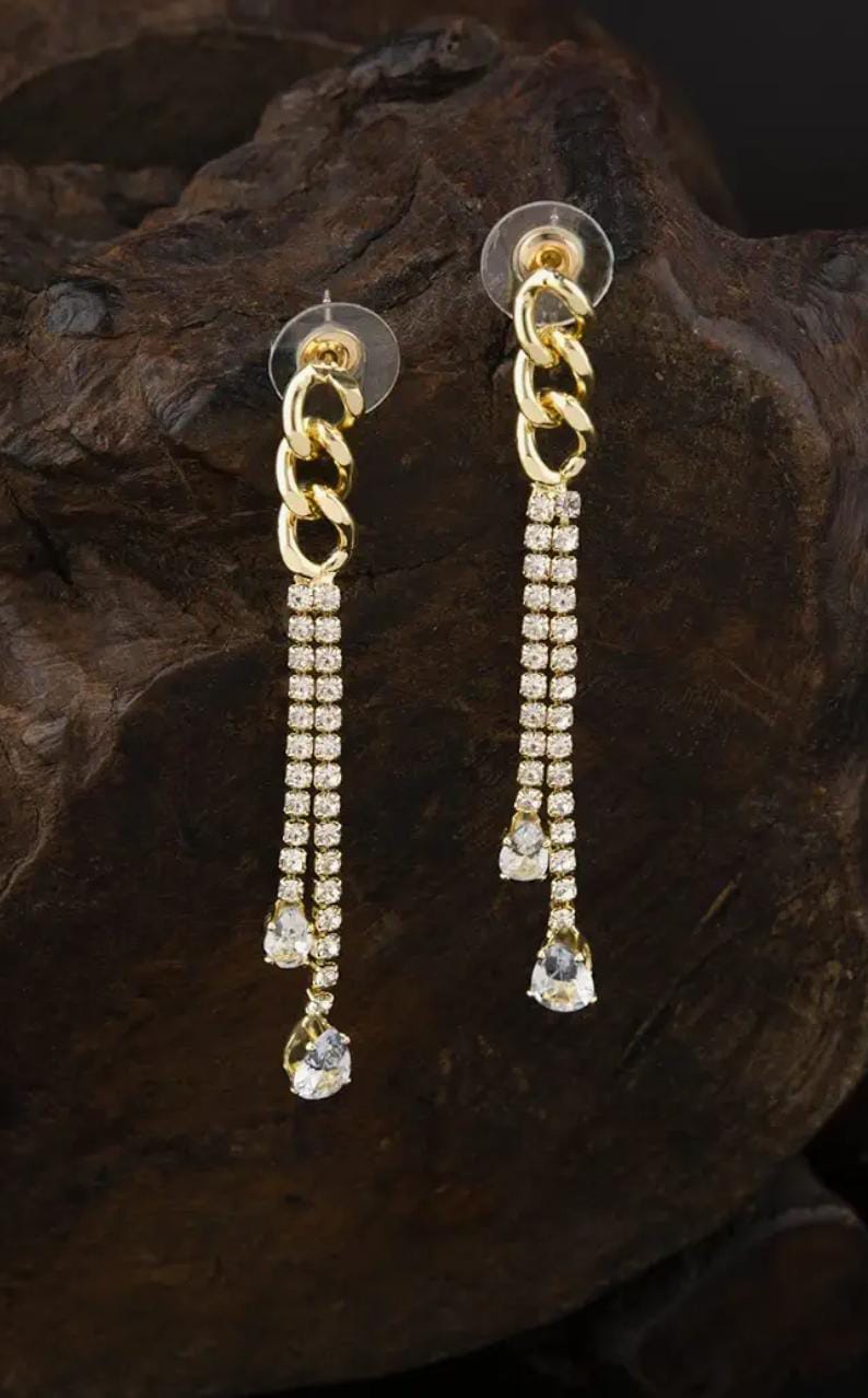 Yu Fashions Golden Tassel Chain Rhinestone High Fashion Korean Earrings pair