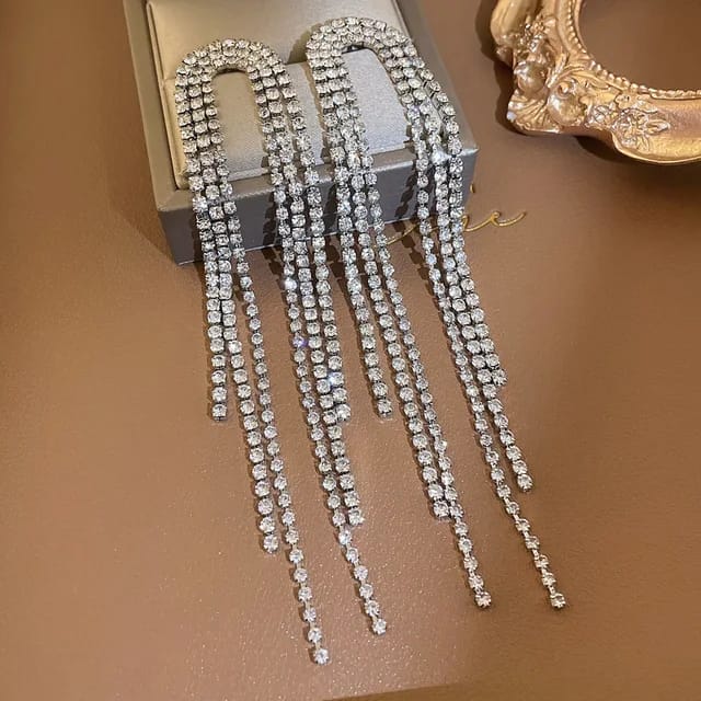 Yu Fashions High Fashion Trend Rhinestone Tassel Korean Earrings Pair