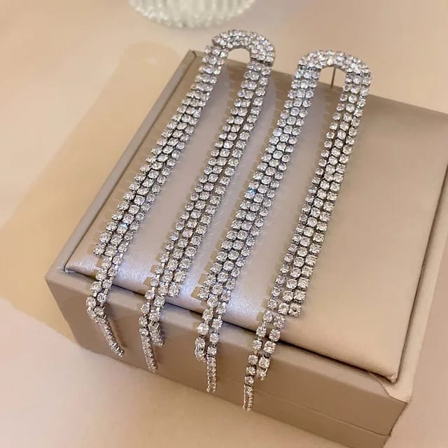 Yu Fashions High Fashion Trend Rhinestone Tassel Korean Earrings Pair