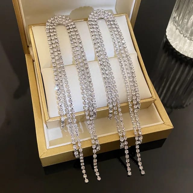 Yu Fashions High Fashion Trend Rhinestone Tassel Korean Earrings Pair
