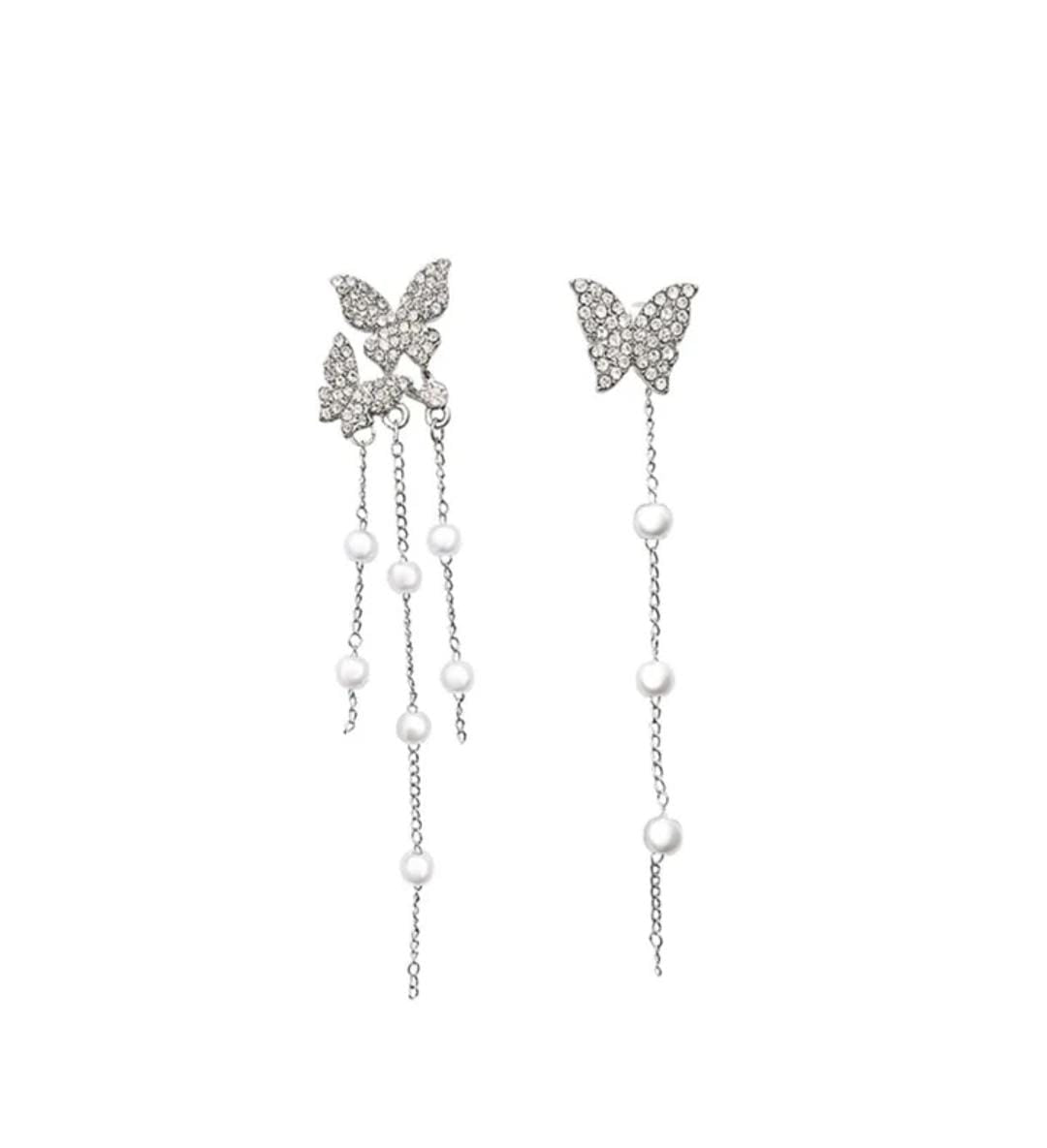 Yu Fashions Dual Butterfly Pearl Drop Korean Earrings Pair