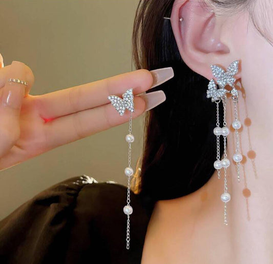 Yu Fashions Dual Butterfly Pearl Drop Korean Earrings Pair