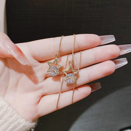 Yu Fashions Star Rhinestone Needle Thread Style Cute Korean Earrings Pair