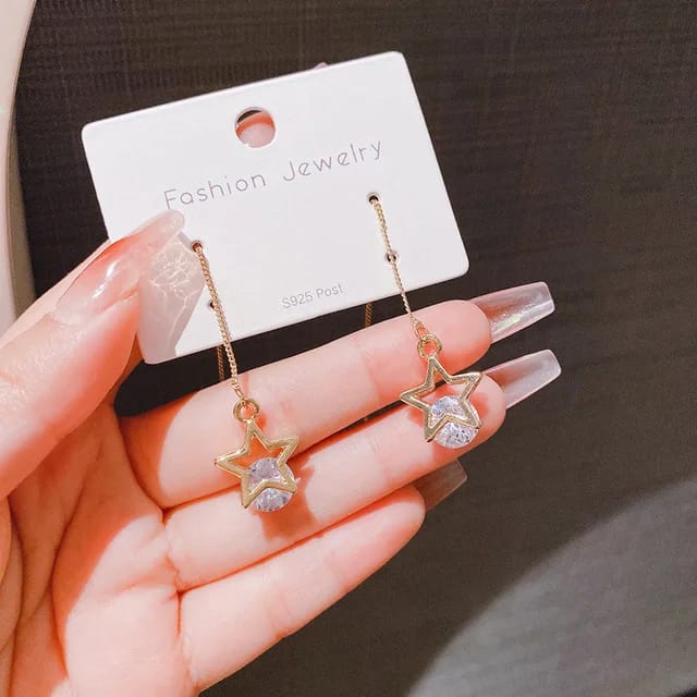 Yu Fashions Star Rhinestone Needle Thread Style Cute Korean Earrings Pair