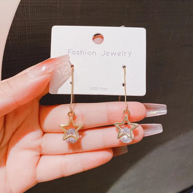 Yu Fashions Star Rhinestone Needle Thread Style Cute Korean Earrings Pair