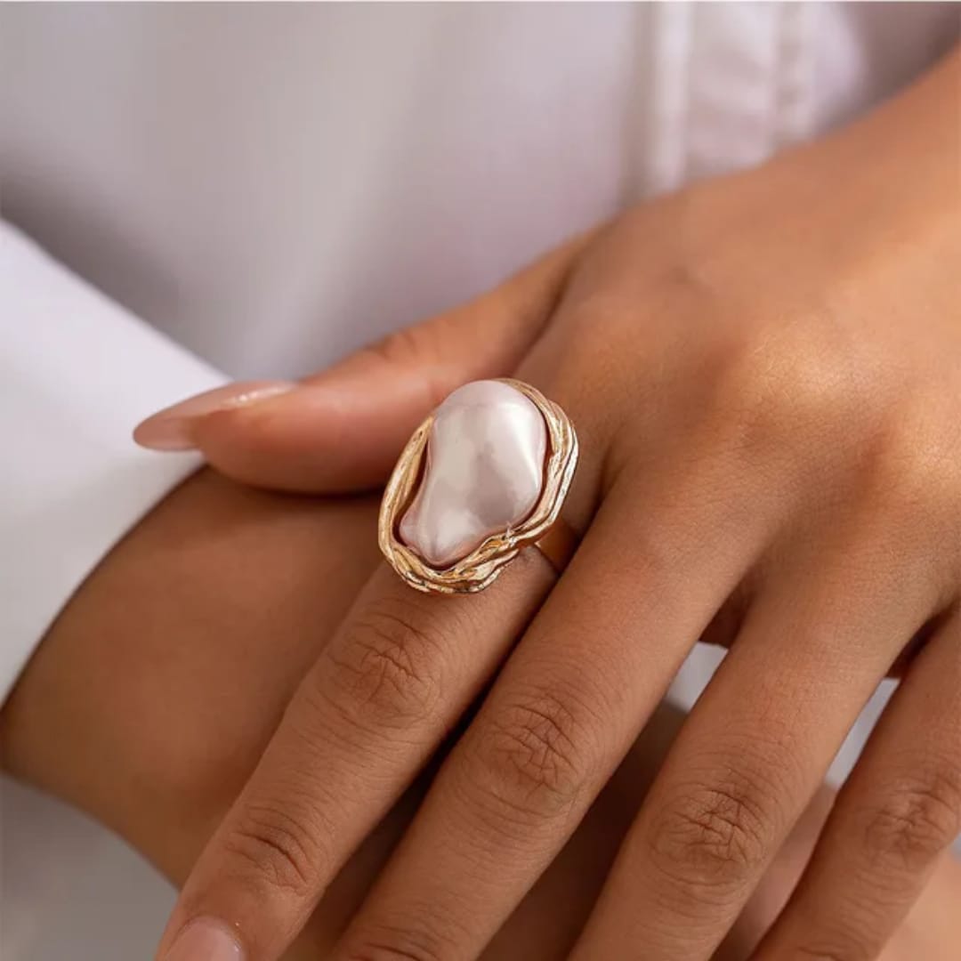 Yu Fashions Big Melted Irregular Twisted Geometric Boho Adjustable Metallic Pearl Vintage Classy Korean Ring
