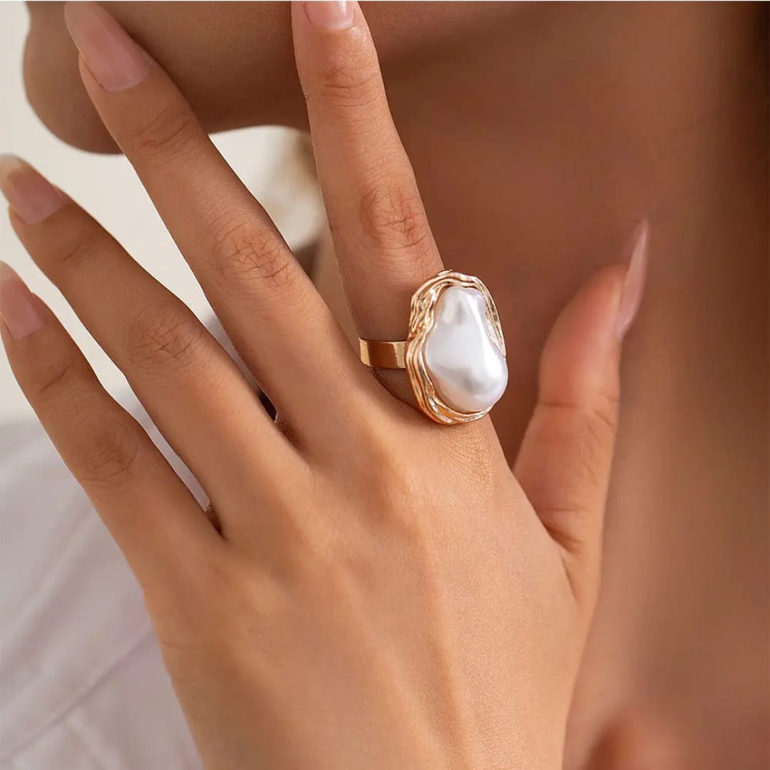 Yu Fashions Big Melted Irregular Twisted Geometric Boho Adjustable Metallic Pearl Vintage Classy Korean Ring