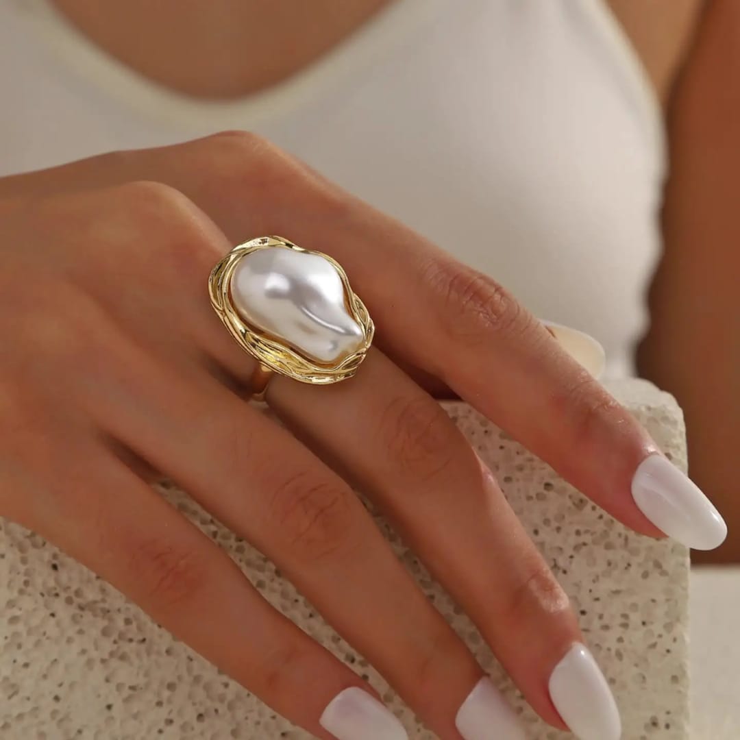 Yu Fashions Big Melted Irregular Twisted Geometric Boho Adjustable Metallic Pearl Vintage Classy Korean Ring