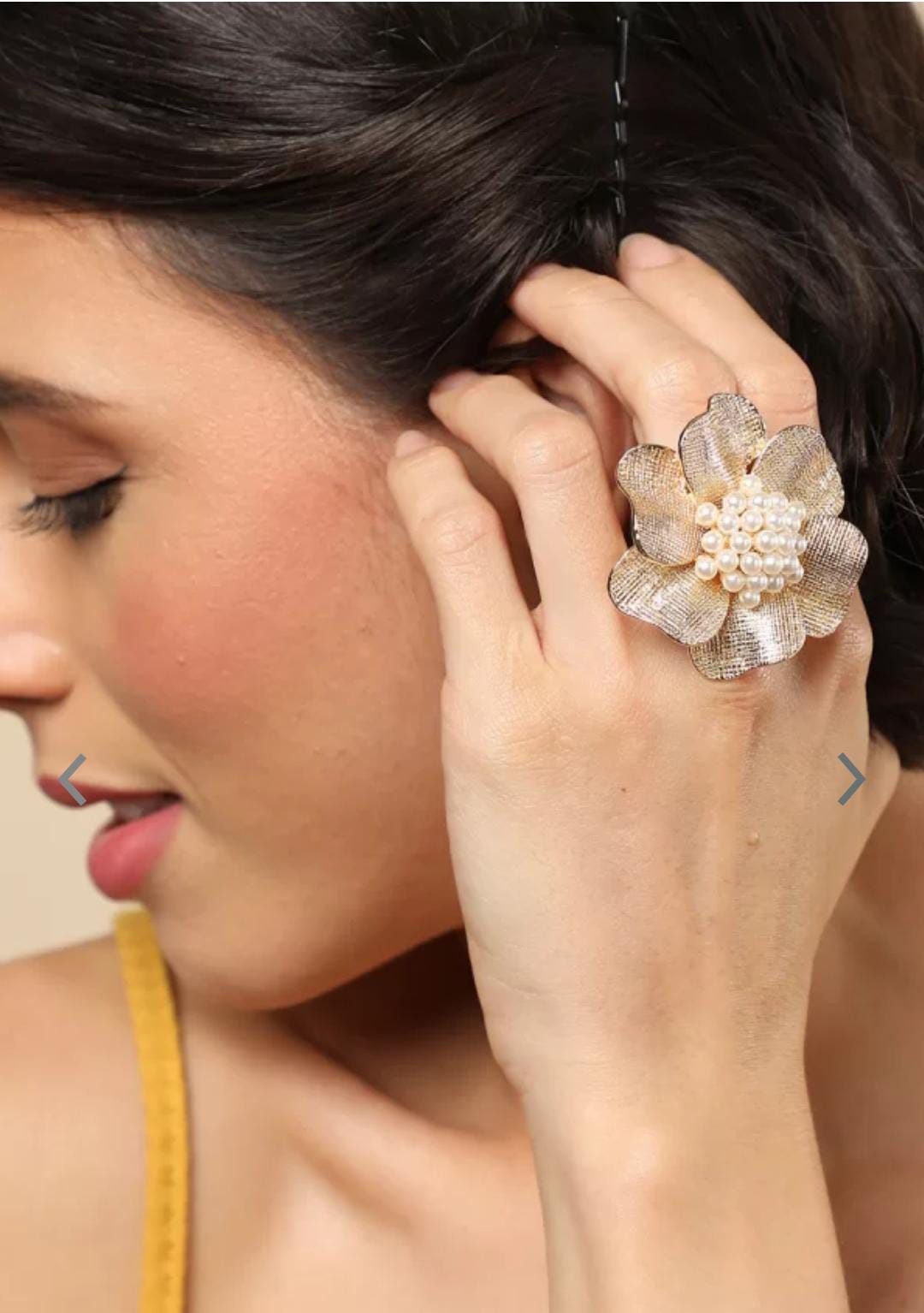 Yu Fashions Pearl Big Flower Golden Creative Vintage Open Adjustable Korean Ring