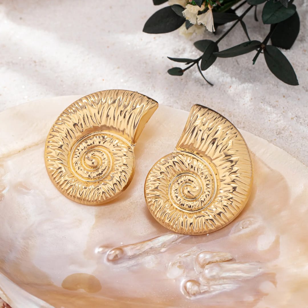 Yu Fashions Golden Ocean SeaShell Marine Beach Large Textured  Snail Geometric Korean Statement Earring