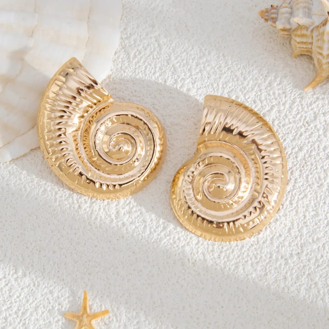 Yu Fashions Golden Ocean SeaShell Marine Beach Large Textured  Snail Geometric Korean Statement Earring
