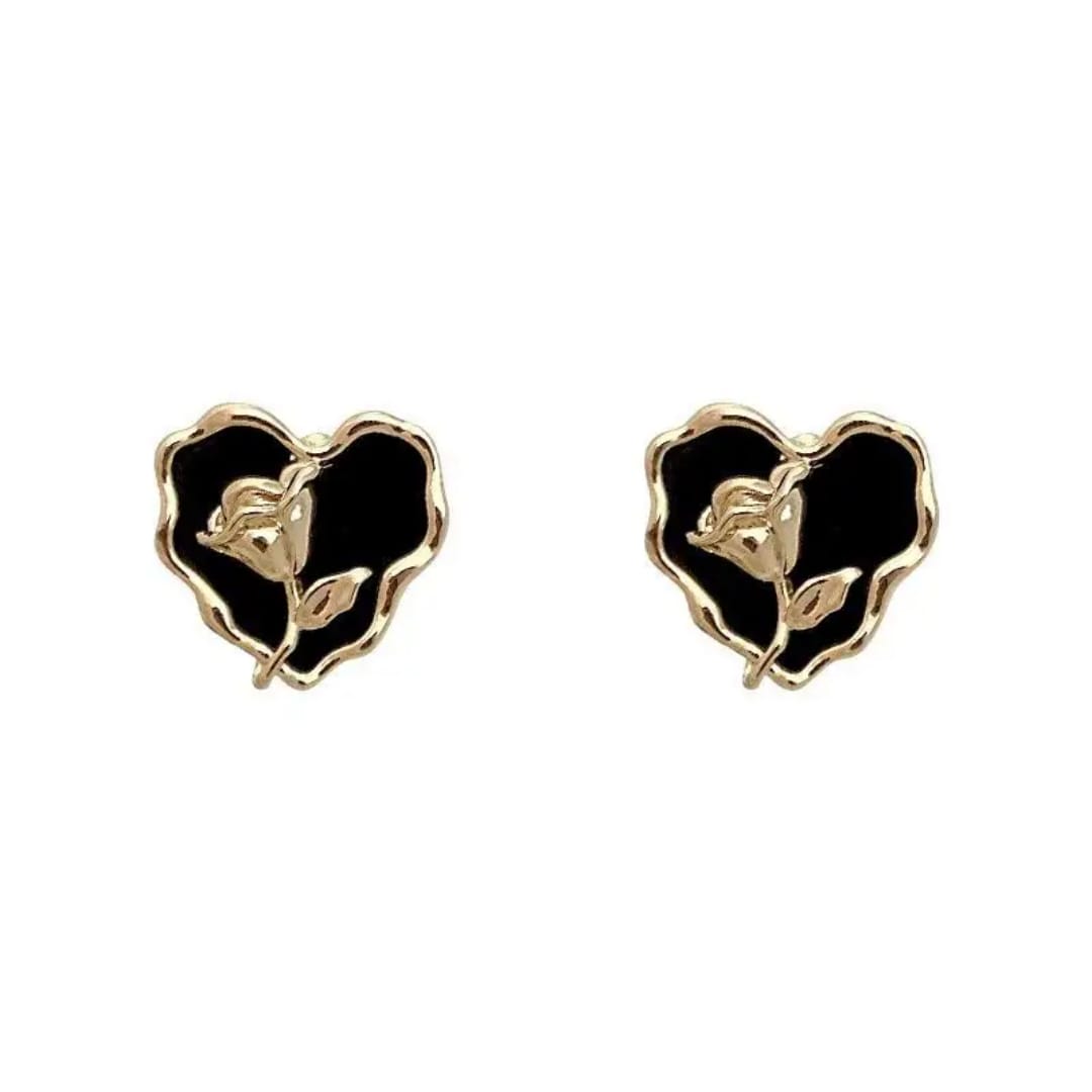 Yu Fashions Black Heart Rose Flower Enemalled High Fashion Korean earrings