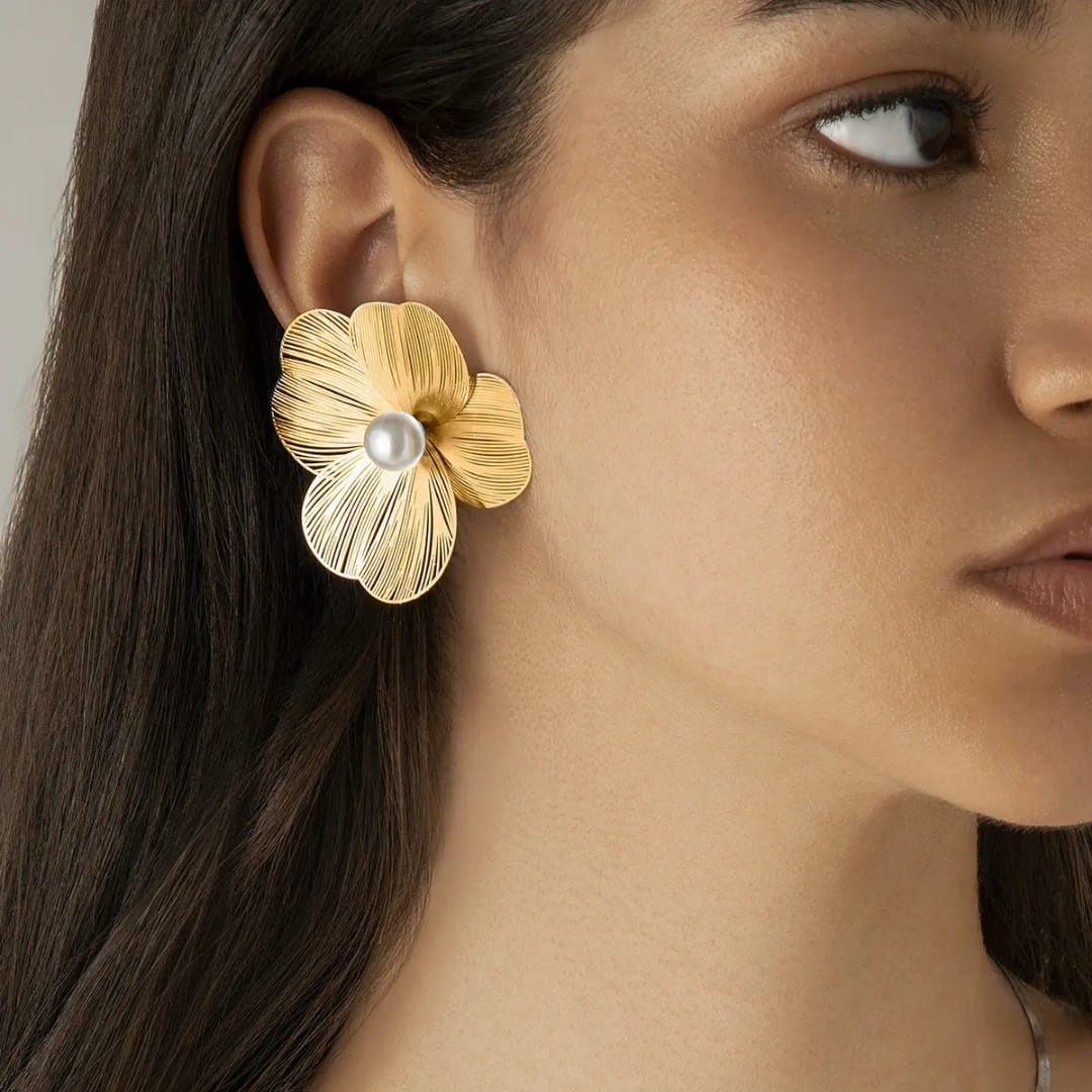 Yu Fashions Geometrical Flower Shaped  three petaled pansi inspired Lumi Pearl High Fashion Korean earrings