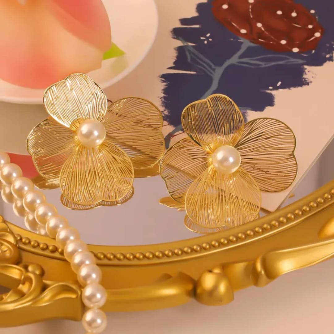 Yu Fashions Geometrical Flower Shaped  three petaled pansi inspired Lumi Pearl High Fashion Korean earrings