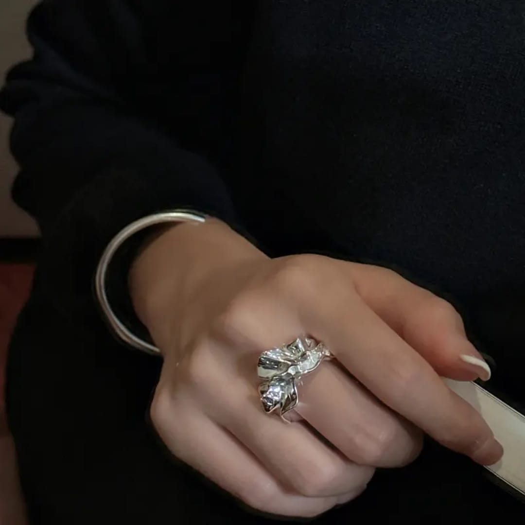 Yu Fashions Melted Metallic Fold Geometrical Adjustable Korean Ring