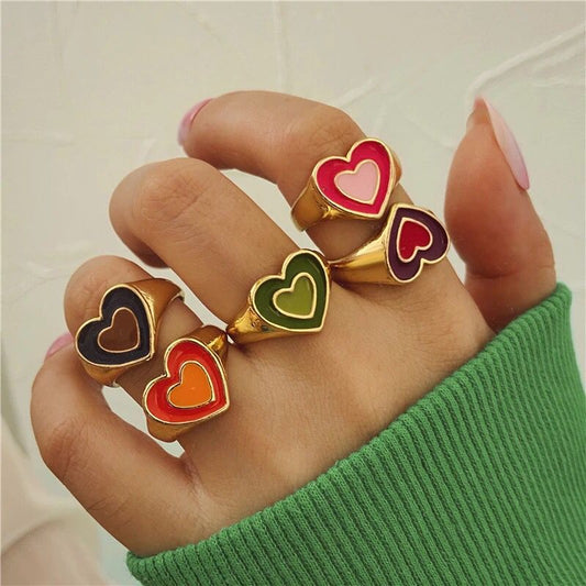 Yu Fashions Candy Colorful Heart Ring Set for Women Bohemian Vintage Geometric Metal Ring Jewelry Party