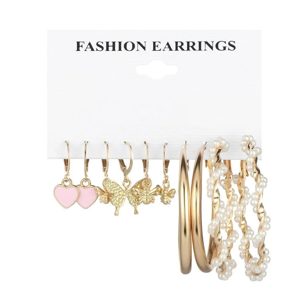 Stylish Pink Heart Butterfly Golden Insect Pearl Golden Twisted  Hoop Earring Set of 5 Pairs For Women