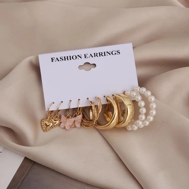 Stylish Trendy Cute Butterfly Golden Heart Pearl Hoop Earrings Set of 5 Pairs For Women