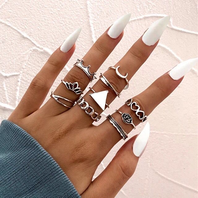 Yu Fashions Triangle Flower Crown Bohemian Link Ring Set of 10