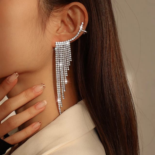 Yu Fashions Rhinestone Tassel High Fashion Korean Earrings Pair