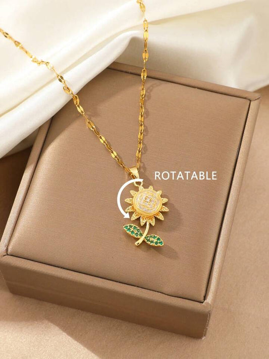 Yu Fashions rhinestone Rotatable Crystal Sunflower Green Golden High Fashion Necklace