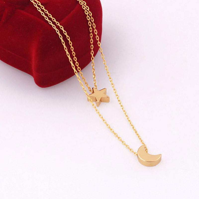 Yu Fashions Moon & Star Minimal Pendent 2 layered Necklace Chain