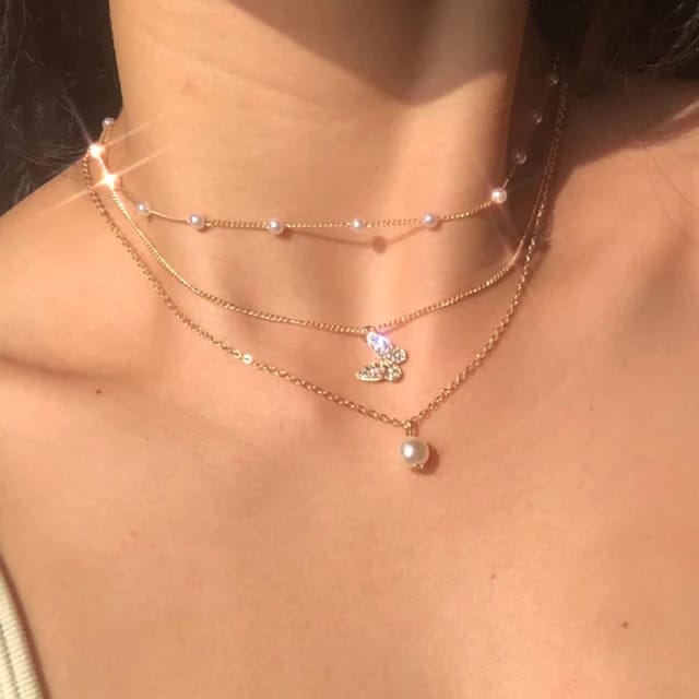 Yu Fashions Trending 3 layered Pearl Pendent Butterfly Pearl Chain Necklace
