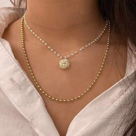 Yu Fashions Golden Beads White Pearl 2 layered Korean Necklace