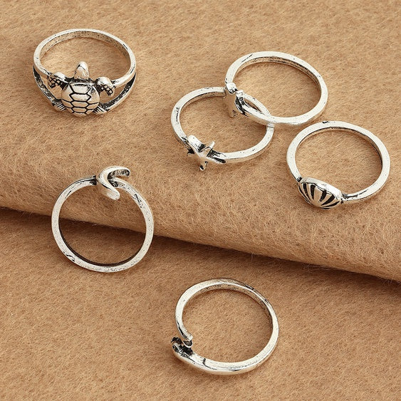 Yu Fashions Cute Beach, Dolphin, Turtle, Moon Star, Starfish Ring Set of 6