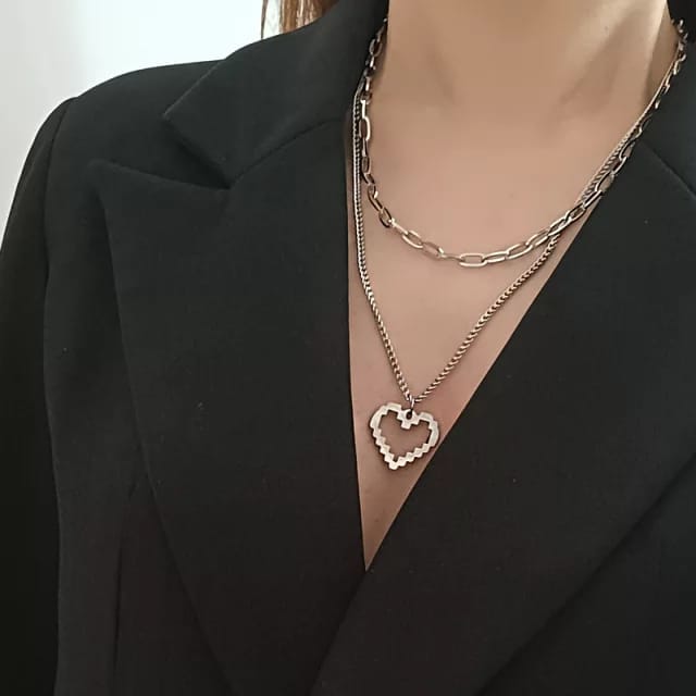 Yu Fashions Silver Geometrical Heart Pendent 2 layered Necklace Chain