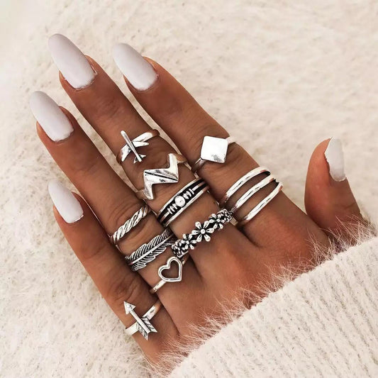 Yu Fashions Airplane Flower Heart Leaf Boho Silver Ring Set of 10