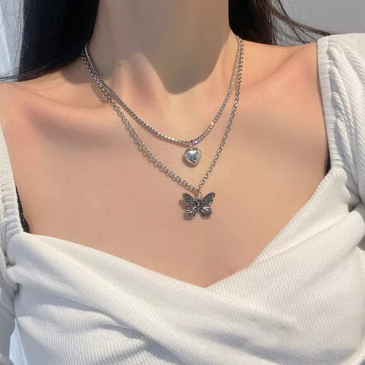 YU Fashions Butterfly Golden Heart Rhinestone Pendent Necklace Chain