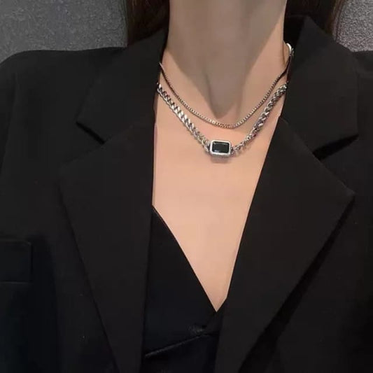 Yu Fashions Black Stone Silver 2 layered High Fashion Necklace Chain
