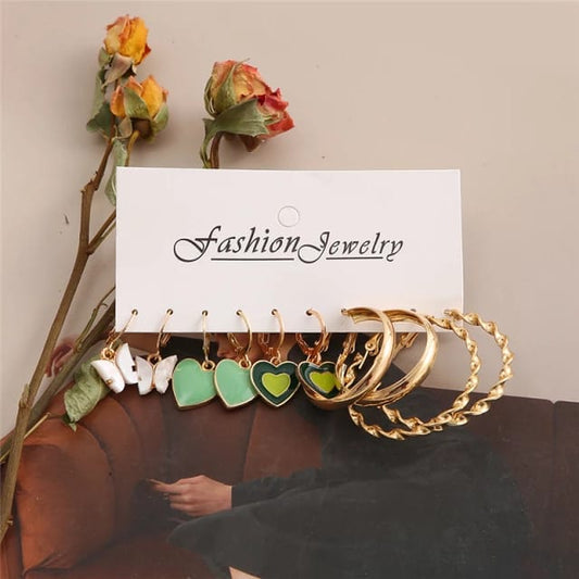 Stylish Green Heart Butterfly Golden Twisted Hoop Earrings Set of 5 Pairs For Women