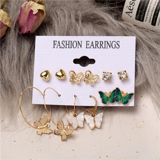 Stylish Green Butterfly Golden Heart Earrings Set of 6 Pairs For Women