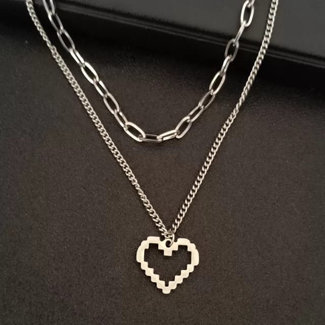 Yu Fashions Silver Geometrical Heart Pendent 2 layered Necklace Chain