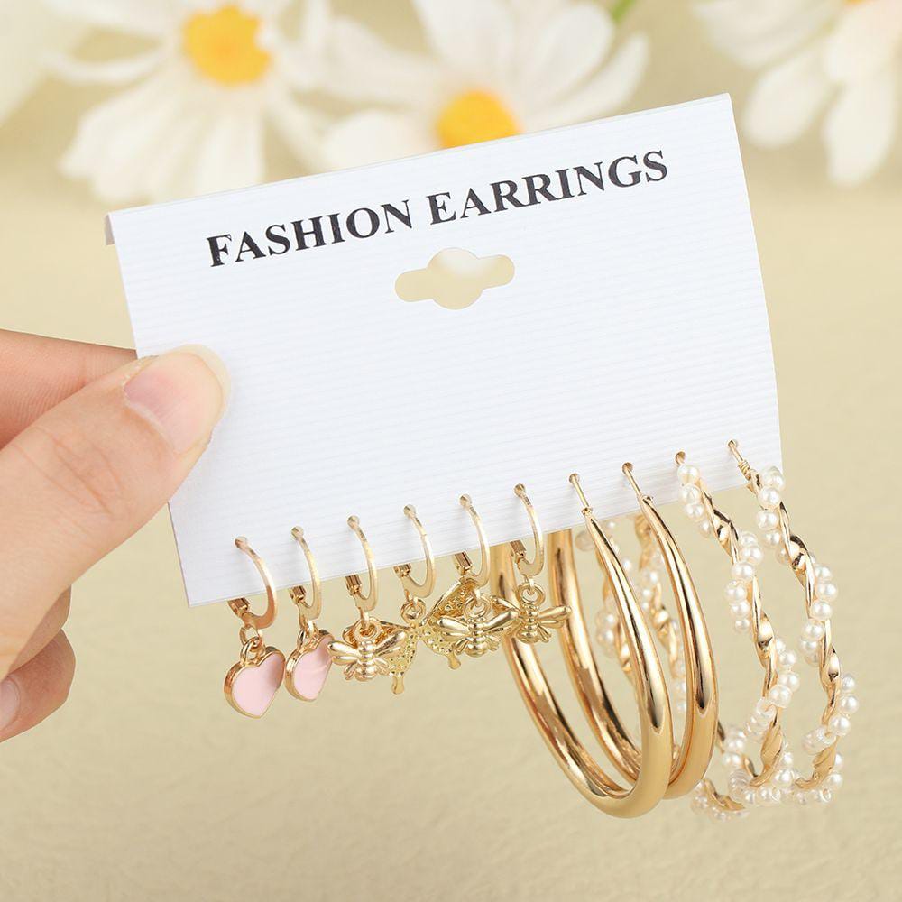 Stylish Pink Heart Butterfly Golden Insect Pearl Golden Twisted  Hoop Earring Set of 5 Pairs For Women