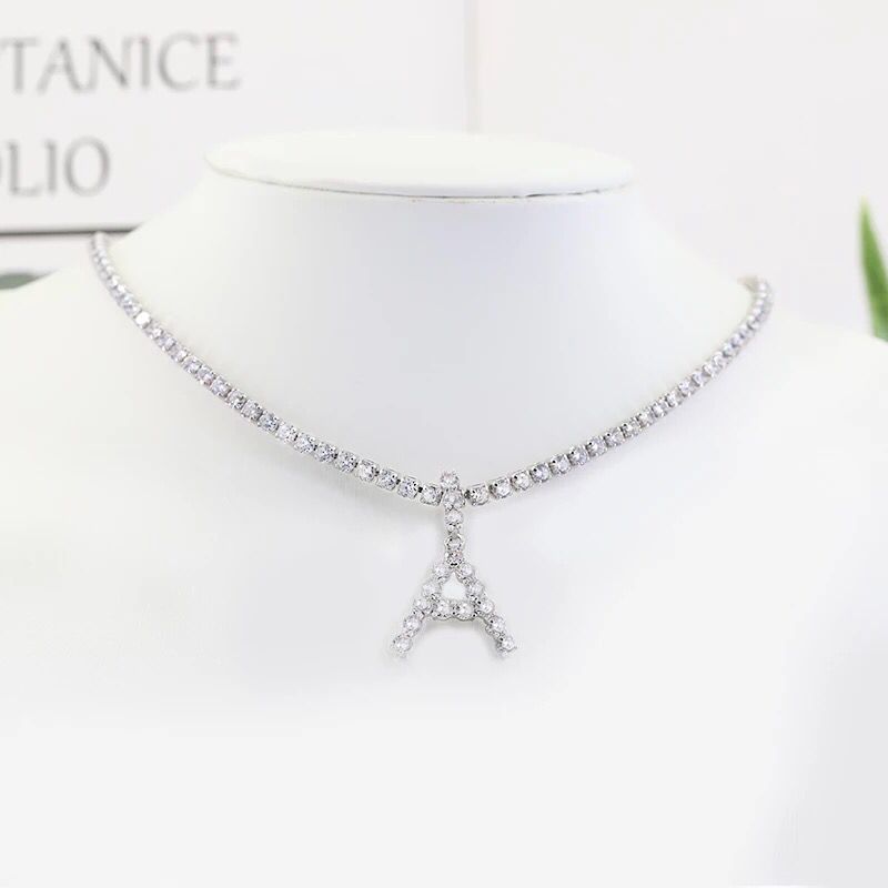 Yu Fashions Rhinestone Alphabet Name Initial Pendent Necklace Tennis Chain