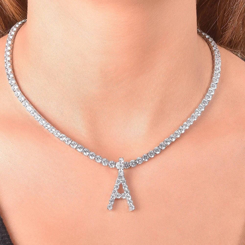 Yu Fashions Rhinestone Alphabet Name Initial Pendent Necklace Tennis Chain