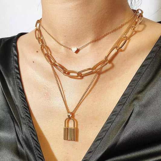Yu Fashions 3 layered Link Lock Heart Multilayered Necklace Chain