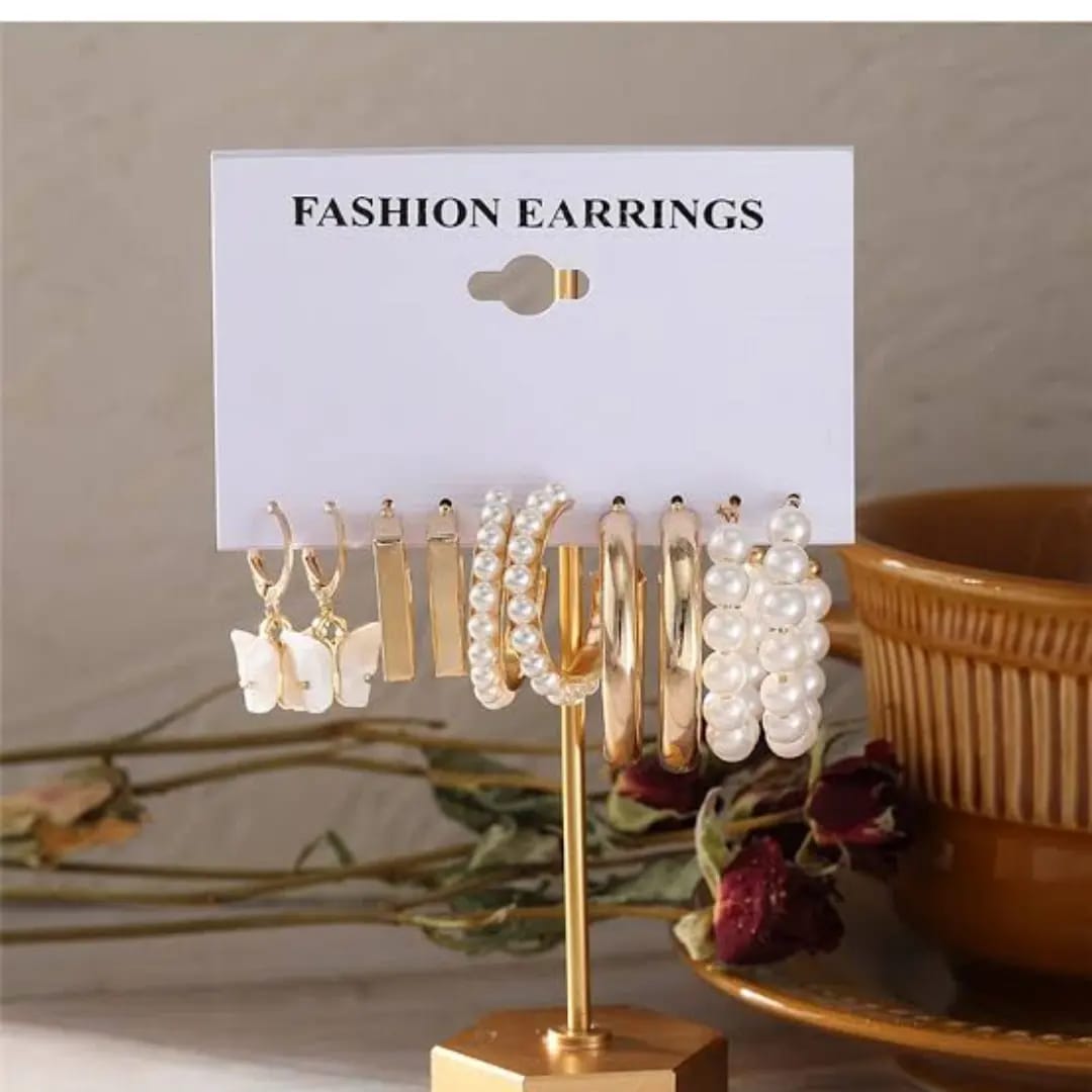 Yu Fashions White Pearl Square Korean Earrings Pair of 5