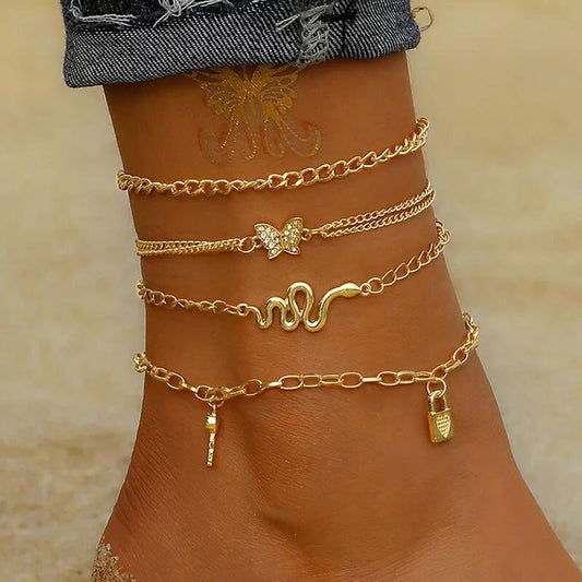 Yu Fashions 4 Layered Snake Rhinestone Butterfly Lock Key Multilayered Korean Anklet
