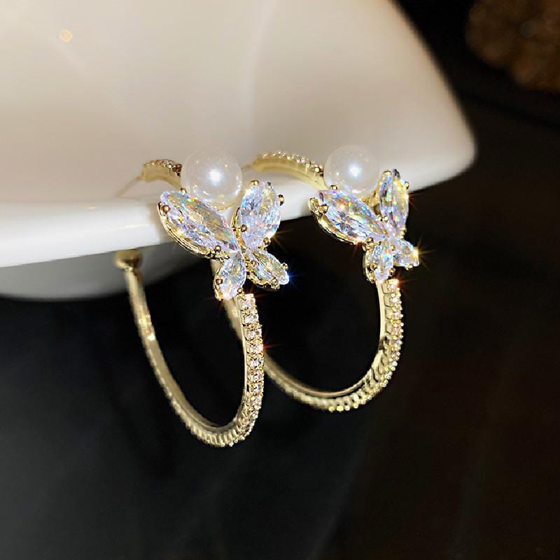 Yu Fashions Flower Rhinestone Hoop Korean Earrings Pair