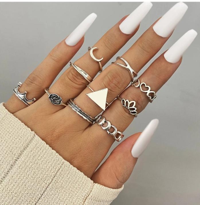 Yu Fashions Triangle Flower Crown Bohemian Link Ring Set of 10